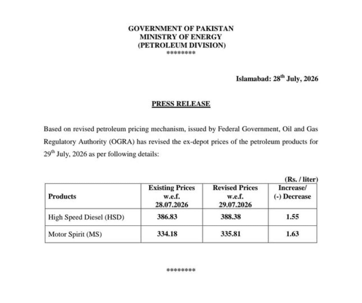 Check the latest PSO petrol price in Pakistan today. The Government of Pakistan has announced revised petrol and diesel prices effective from 29 July 2026. See the complete fuel price update